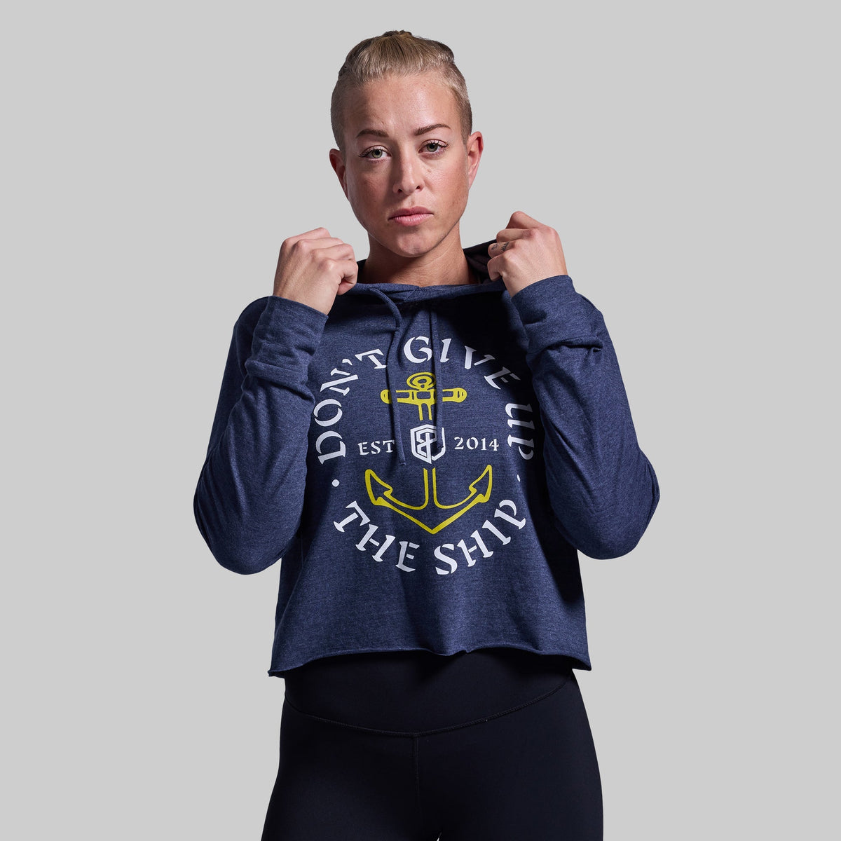 Don't Give Up The Ship Cropped Tee Hoodie (Heather Navy)